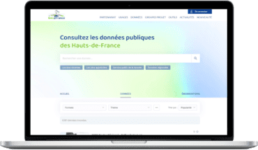 Searching for data is performed with GeoNetwork-ui's datahub application